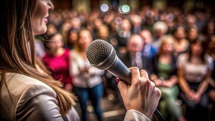 A young European woman with fair skin addresses pressing political issues on stage, microphone in hand. This image highlights her role as a prominent speaker in political discourse.