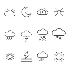 Minimalist weather line art icons set, featuring all conditions with day and night variations.