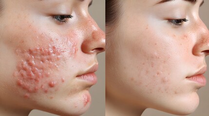 Obraz premium Facial comparison from acne breakouts to nearly healed skin--red pustules fading into light scars with reduced pore size and redness decrease
