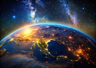 Obraz premium Vibrant City Lights Illuminating a Planet Surface Against a Dark Starry Background at Night