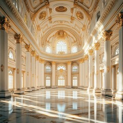 Obraz premium Spacious marble hall with towering columns, arched ceilings, and streaming sunlight