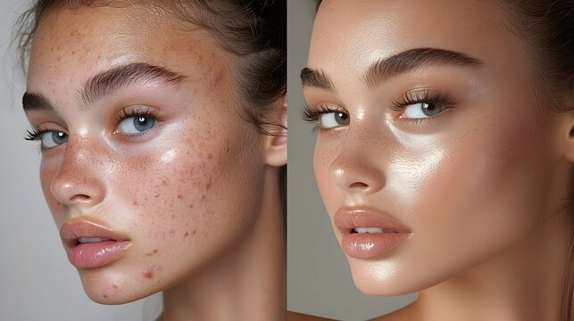 Close-up of a model with acne scars, bare skin under natural lighting, followed by a transformation shot with flawless makeup coverage, soft glam finish