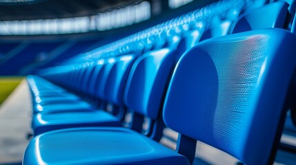 Fototapeta premium Photograph of empty blue seats in an outdoor stadium, taken with a telephoto lens in natural lighting