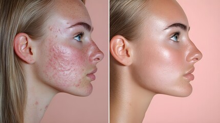 Dual-panel image of a woman's skin transformation after using acne treatment, before shows blemishes, after shows smooth, radiant skin, close-up, pastel tones