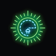 Neon sign illustrating the concept of solar energy with a bright shining sun and an electric plug