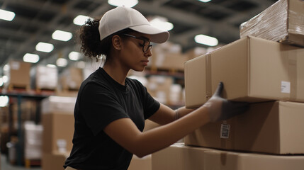 Employees in a busy hardware store warehouse, hurriedly packing and shipping out merchandise, showcasing a dynamic workflow. photo