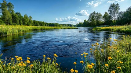 A tranquil river flowing through a vibrant landscape, surrounded by wildflowers and greenery, highlighting the harmony of nature and the need for environmental conservation 