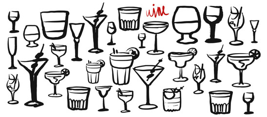 Isolated vector set of wine and alcoholic beverage glasses and tumblers. Hand drawn sketch.Red and black drawing on white background.Cocktails, martini, whiskey, cognac, vodka, gin tonic, beer, brandy