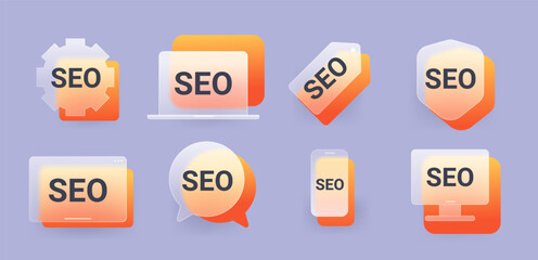 Set of glass morphism SEO different icons. Search engine optimization vector symbol
