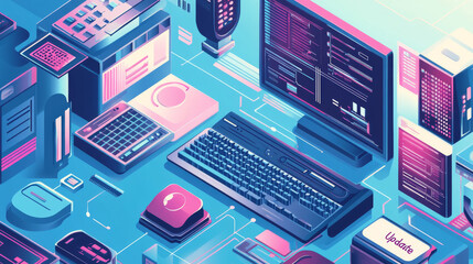 "Update" computer software is important for businesses and technology. This illustration shows the process of upgrading programs and keeping networks running smoothly.