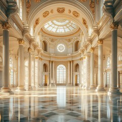 Fototapeta premium Spacious marble hall with towering columns, arched ceilings, and streaming sunlight