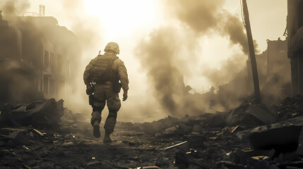 Generative AI, Urban Desolation: Soldier in Ruined City