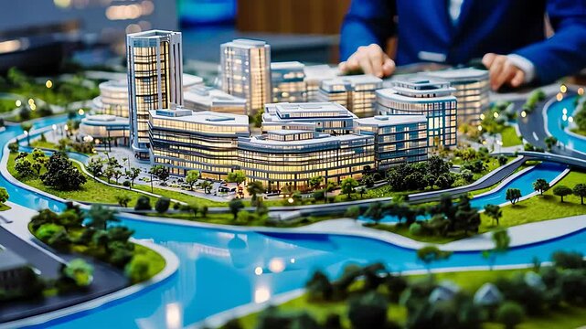Architectural model of a futuristic city development with modern buildings, rivers, and green spaces, illustrating urban planning.

