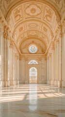 Obraz premium Spacious marble hall with towering columns, arched ceilings, and streaming sunlight