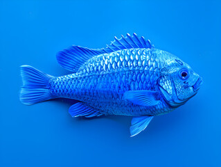 Vibrant blue fish swimming gracefully on a deep royal blue background in elegant style.