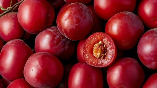 Fresh red jujube fruits for background. Chinese date, or jujube, is a tiny, delicious, reddish-brown Asian fruit full of vitamins, minerals, and antioxidants. 