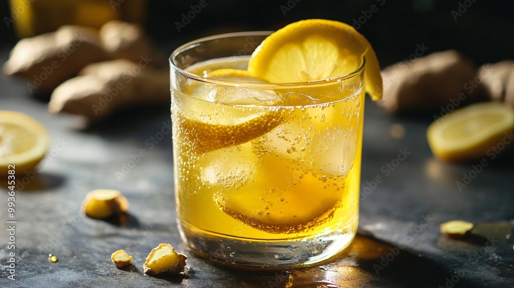 Poster Refreshing iced drink with lemon and ginger.