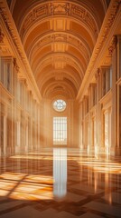 Fototapeta premium Spacious marble hall with towering columns, arched ceilings, and streaming sunlight