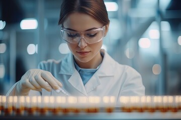 Scientist Conducts Lab Experiment Using Pipette to Analyze Samples in a Modern Laboratory Setting