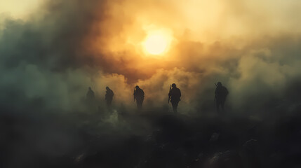 Fototapeta premium Generative AI, Epic Dawn Assault in the Mist