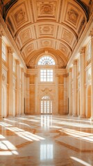 Obraz premium Spacious marble hall with towering columns, arched ceilings, and streaming sunlight