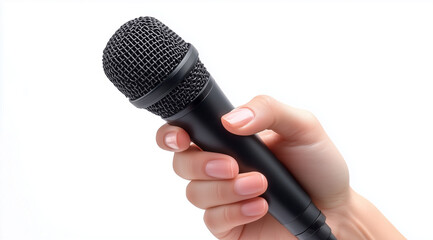 Hand holding a microphone, isolated on a white background. Close-up view of a hand gripping a black microphone, for a person speaking or performing a song.