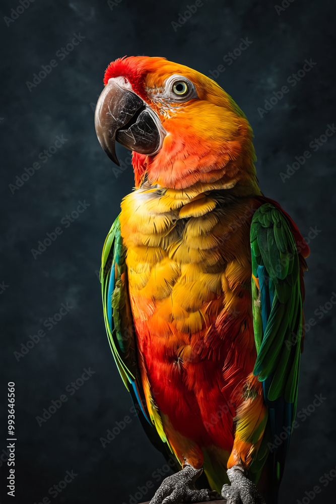 Poster A colorful parrot sitting on top of a wooden post