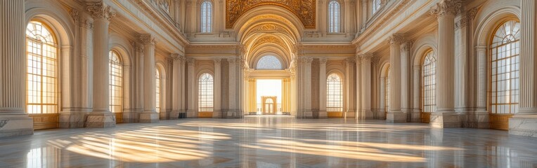 Fototapeta premium Spacious marble hall with towering columns, arched ceilings, and streaming sunlight