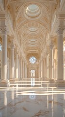 Fototapeta premium Spacious marble hall with towering columns, arched ceilings, and streaming sunlight
