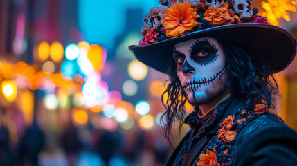 A handsome man with black hair and white face paint, wearing an ornate hat decorated with skulls and orange flowers, posing for the camera in front of Halloween decorations on a ci