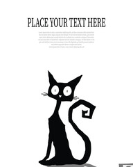Simple hand drawn witch black cat with big eyes. Spooky cat with shadow isolated on white background, place for your text.