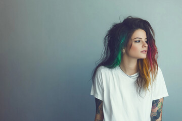 Fototapeta premium a beautiful brunette wearing a plain oversized white tshirt with space for a design on front, give her a rocker chic style and rainbow hair.Blank space for copying on the left