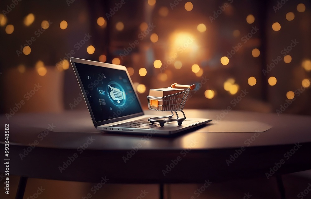 Poster A miniature shopping cart with a box inside rests on a laptop keyboard, in front of a glowing computer screen.