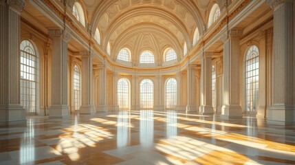 Spacious marble hall with towering columns, arched ceilings, and streaming sunlight
