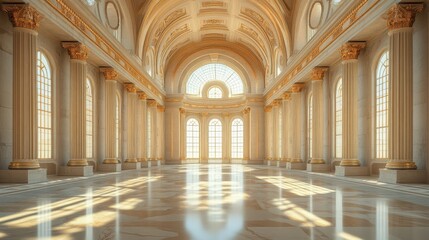 Spacious marble hall with towering columns, arched ceilings, and streaming sunlight