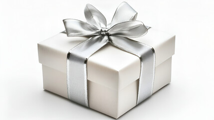 Fototapeta premium Open gift box present box with silver ribbon , Gift box with satin bow on gray background , Open gift box present box with silver ribbon on white background 