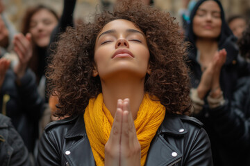 A photo of an attractive mixed-race woman with curly hair. She is wearing a black leather jacket and a yellow scarf, standing in the middle, facing forward, and looking up to the s