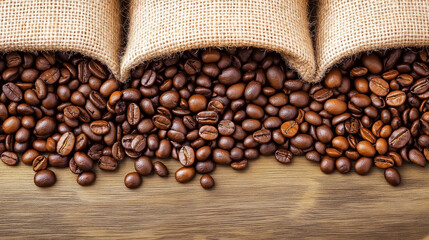 Rich, dark coffee beans cascade from burlap sacks onto a weathered wooden surface, inviting coffee enthusiasts to indulge in their love for freshly roasted perfection. Generative AI