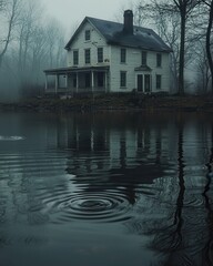 Obraz premium Foggy Reflection of an Abandoned House by Water