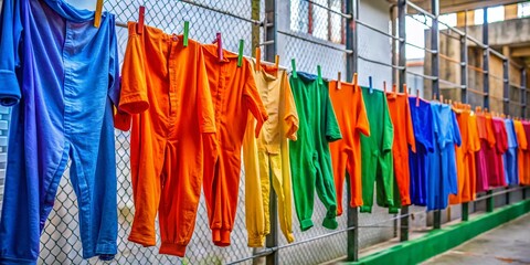 Vibrant Colors of Jail Clothes Hanging on a Line in a Correctional Facility Environment
