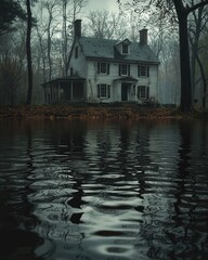 Fototapeta premium Eerie House by a Misty Water Body