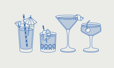 Long Island iced tea, Whiskey sour, Cosmopolitan, and Manhattan cocktails. Line art, retro. Vector illustration for bars, cafes, and restaurants.