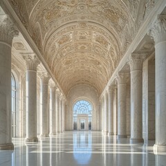 Spacious marble hall with towering columns, arched ceilings, and streaming sunlight