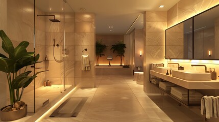 Fototapeta premium Luxurious restroom featuring soft towels and tasteful lighting