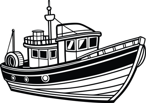 recommend clip art: Fishing boat line art silhouette vector illustration on white background.