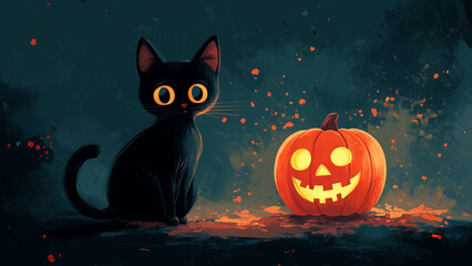 A black cat alongside a Jack o Lantern