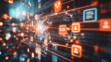 This image shows a business idea that connects technology, the internet, and networks. It's about companies selling to other companies "B2B" using technology and marketing.