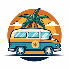 Summer vacation on tropical resort cartoon vector illustration , Travel by car on summer holiday , Vintage 1970s Surf Culture Design with Surf Van Palm Trees and Sunny Beach 