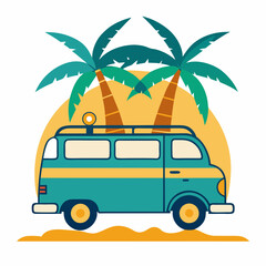 Summer vacation on tropical resort cartoon vector illustration , Travel by car on summer holiday , Vintage 1970s Surf Culture Design with Surf Van Palm Trees and Sunny Beach 