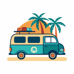 Summer vacation on tropical resort cartoon vector illustration , Travel by car on summer holiday , Vintage 1970s Surf Culture Design with Surf Van Palm Trees and Sunny Beach 
